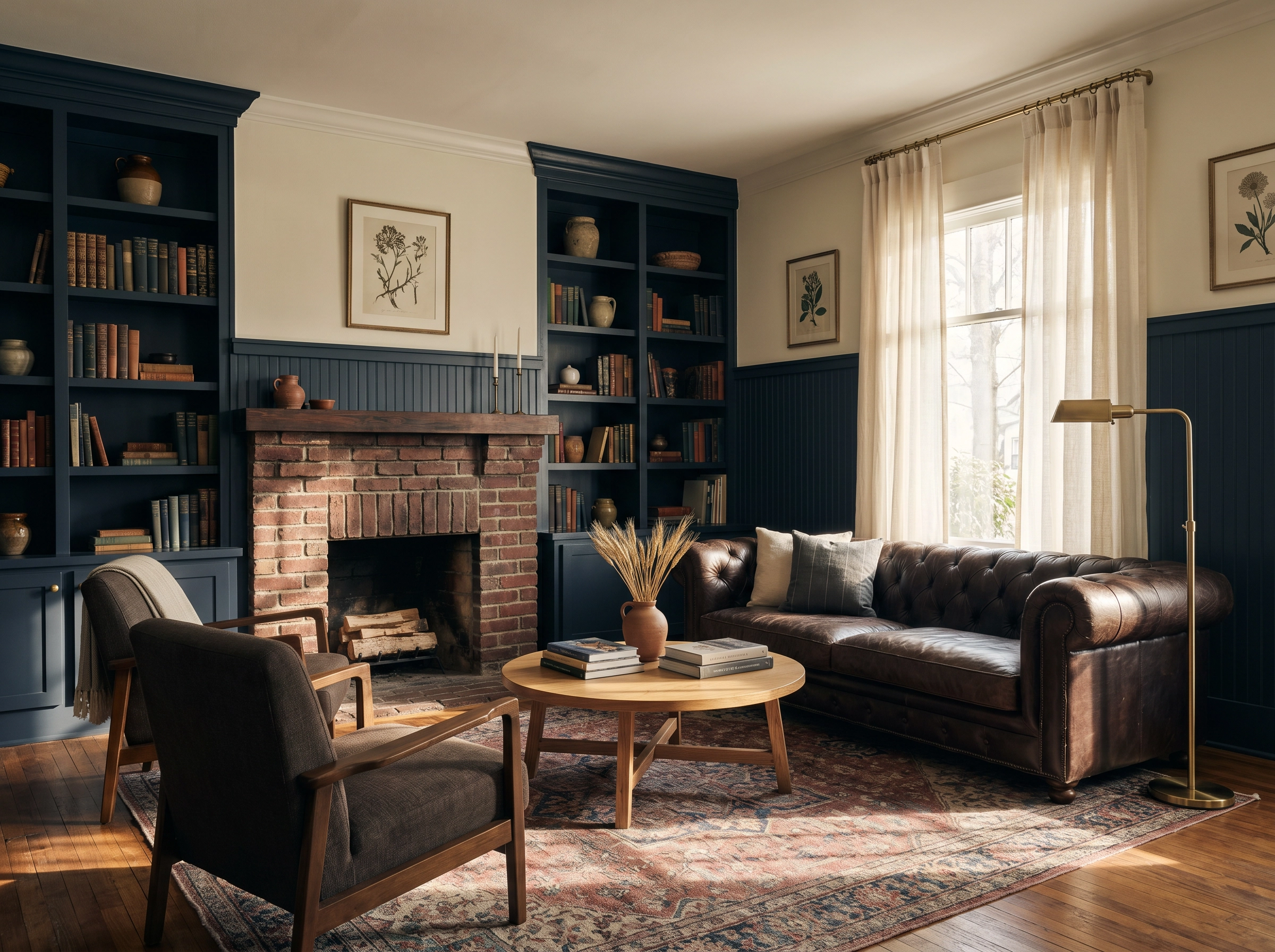 Navy library built-ins in Hillcrest, Little Rock, AR by Beams & Dreams Painting Navy-painted library built-ins with a brick fireplace and vintage wool rug, Little Rock Arkansas interior painting by Beams & Dreams Painting